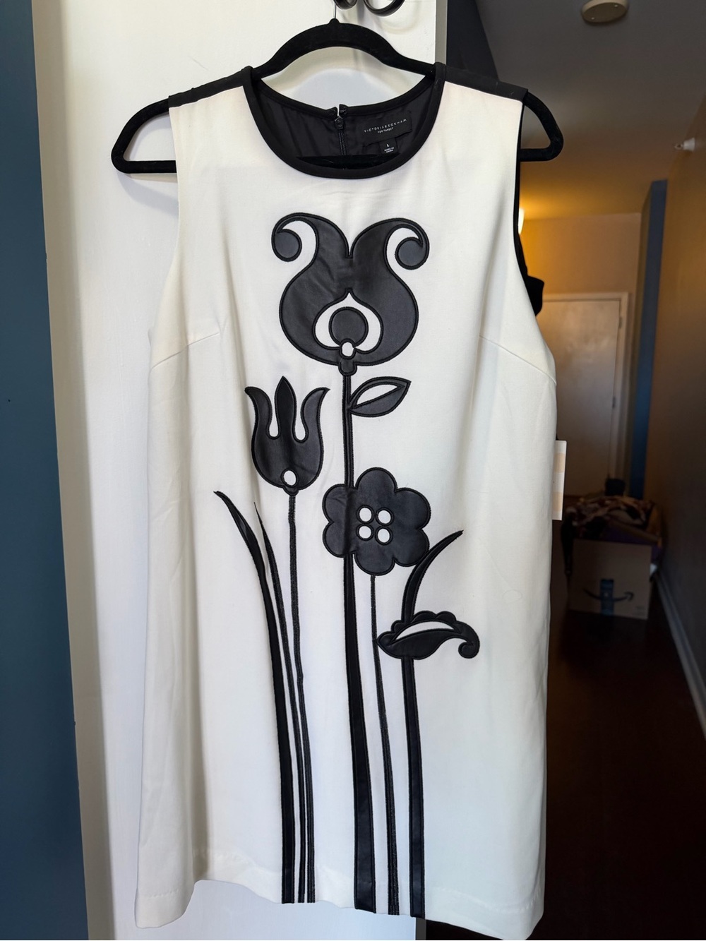 Victoria Beckham White Mini Dress with Black Floral Appliqué Panel